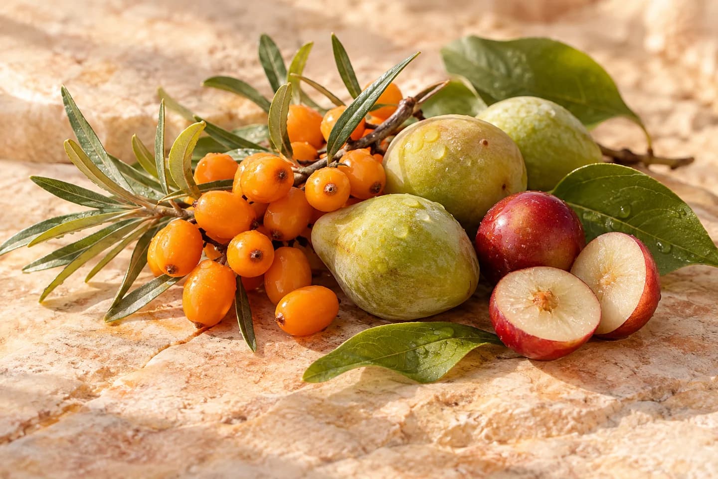 Sea buckthorn berries, green fruits and botanical leaves on warm stone